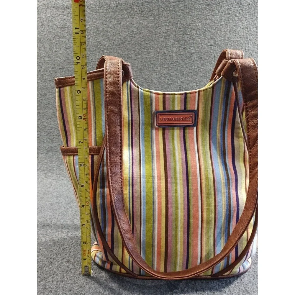Longaberger Tote Bag Multicolor Stiped Brown Leather Handles and Bottom Pockets